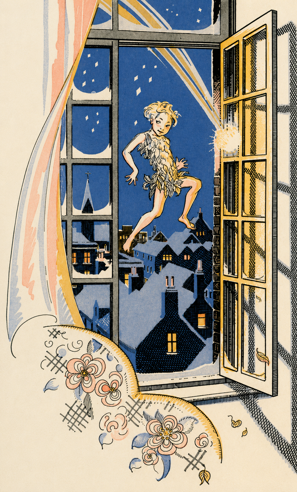 A boy stepping out of an open nursery window into the night, flying over the snow-covered rooftops of the town.